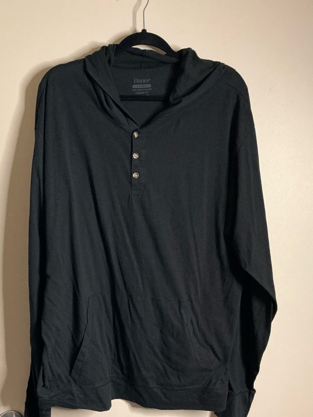 Hanes Black Hooded Henley Pullover Sweatshirt